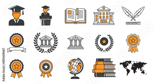Collection of university and education themed icons and symbols.
