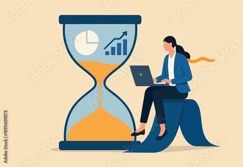 Time management, work efficiency planning, employee time clock analysis system, productivity diagram, work hour optimization concept, businesswoman working on hourglass with analysis chart diagram.