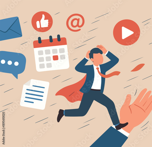 Information overload, excess distraction or overworked, overwhelmed data consume, problem with schedule or workload concept, frustrated businessman run away from flying social and work information.
