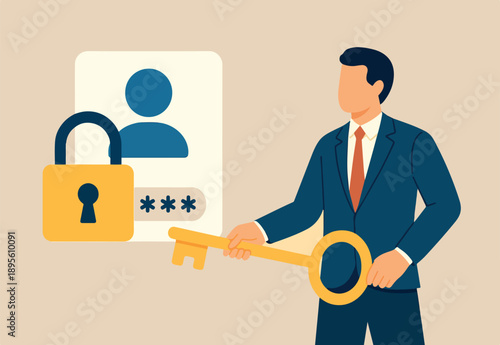 Strong password for cyber security, high protection and safety for login account, secure data privacy, online authentication concept, businessman hold key with user account lock with strong lock pad.