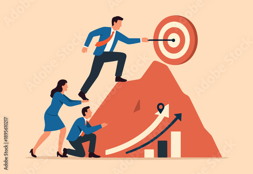  Teamwork to help success together, leadership to lead team to achieve goal or target, cooperation or support to help employee concept, businessman leader manager help colleagues to reach mountain top