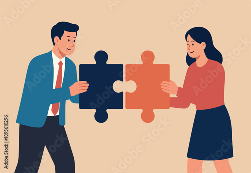 Work together, teamwork or collaboration to solve problem, hybrid work conference call to success together, partnership concept, businessman and woman colleagues connecting jigsaw pieces together.