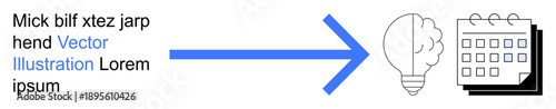 Innovation, planning, workflow design, business strategy, creative solutions, time management. Blue arrow leading from text to a light bulb and calendar. Innovation and planning concept