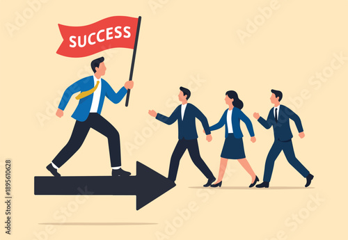 Leader determination to lead team to success, motivation to win together, direction forward for future success, victory or triumph concept, businessman leader holding winner flag leading to success.