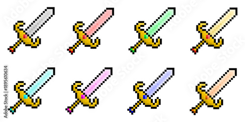 Tablou pe pânză Eight cool-looking pixel art swords in different colors, suitable for use in fantasy RPG game assets, also great for icons and stickers