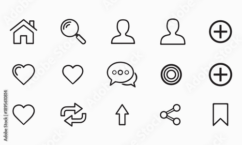 Vector contact icons set in minimal flat design, social media symbols including home, search, user, heart, settings, and add symbols. social media notification icons