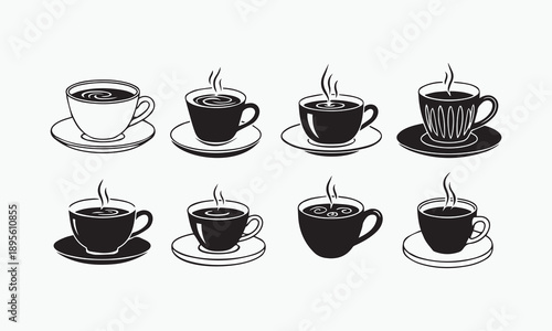 Vector Cups of coffee or tea collection , round coffee cup , Cup coffe with steam , Coffee cup icon set in minimal flat design