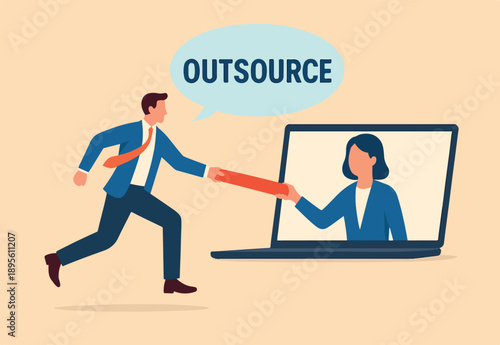 Outsourcing hiring outside worker to perform service, pass or transfer work to other team, remote work or telework concept, businessman boss pass or relay baton to outsource team to work remotely.
