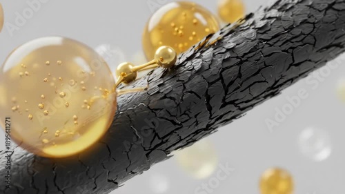 Close-up of a damaged hair strand being treated with golden nourishing serum droplets