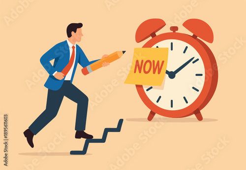 Stop procrastination, do it now or decision to finish work or appointment in time concept, confidence businessman holding pencil after he wrote the word Now on note and stick it on ringing alarm clock