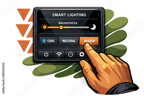 Smart lighting control interface with finger pressing warm button.