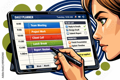 Woman using digital daily planner on tablet for organization.