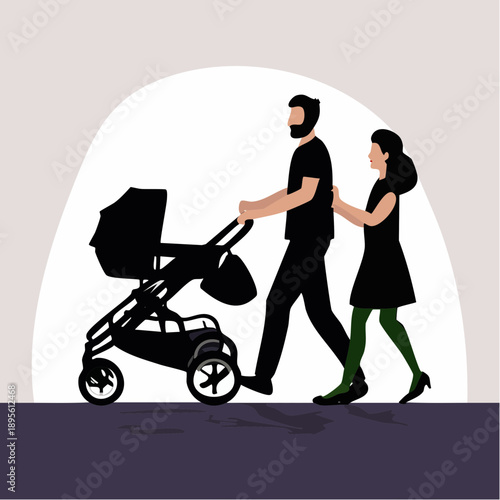 Vector illustration of a young family taking a leisurely stroll with their baby carriage enjoying
