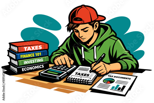 Young student learning about taxes and economics with books and calculator.