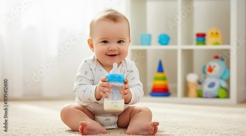 Happy baby lying on carpet with bottle at home