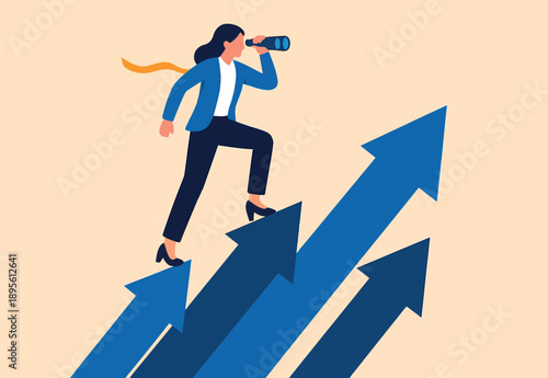  Searching for growth opportunity, vision to look and see future, challenge ahead or motivation to grow business concept, businesswoman on arrows look through binoculars to find business opportunity A