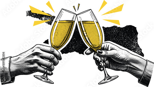 Two hands clinking champagne flutes in a celebratory toast