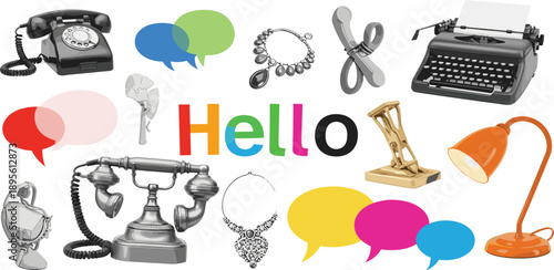 Vintage office items and accessories surrounding a colorful Hello sign with speech bubbles on a flat lay
