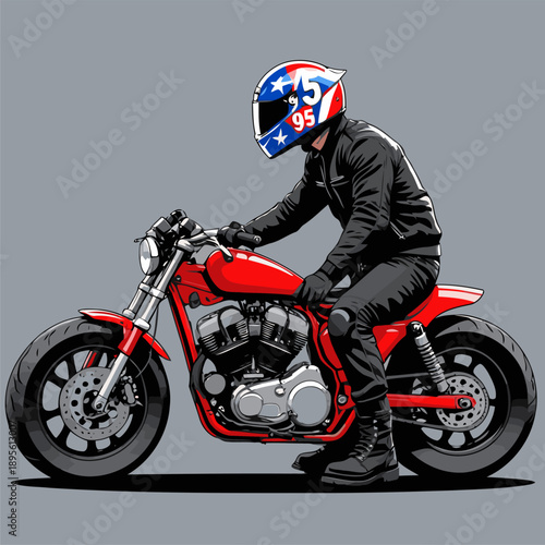 biker wearing a racing helmet riding a cafe racer motorbike