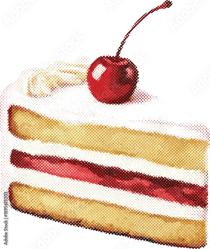 A close-up of a layered cake with whipped cream and a cherry on top, viewed from the side.