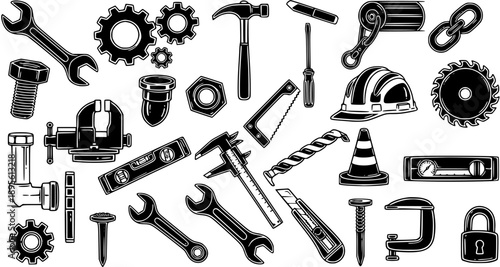 Black and White Line Art of Construction and Repair Tools, Gears, and Safety Helmet