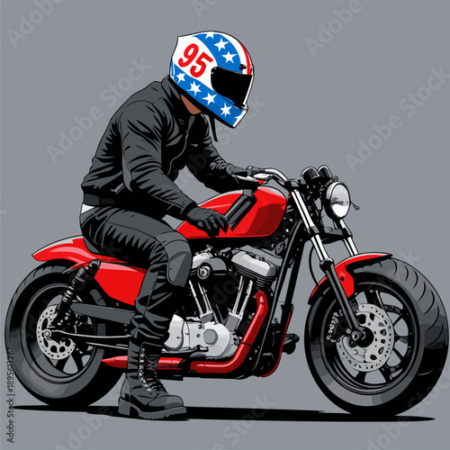biker wearing a racing helmet riding a cafe racer motorbike