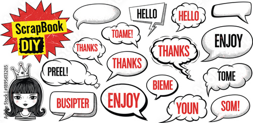 A collection of colorful speech bubbles and a cartoon girl for scrapbooking and DIY projects