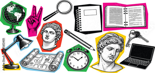 A collection of colorful illustrations depicting learning tools and classical statues on a plain background from a direct viewpoint
