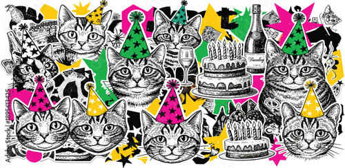 Whimsical illustration of cats celebrating a party with colorful hats and decorations