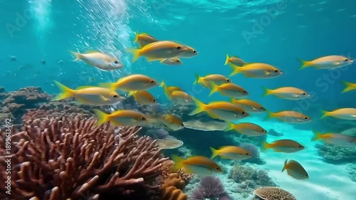 School of yellow fish swimming above coral reef underwater  