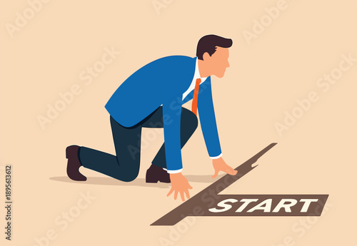 : Ready to start business, begin new job or preparation for work, focus and willingness concept, confidence motivated businessman be prepared at start race line and ready to win the competition