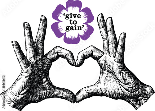 Two hands forming a heart shape with fingers, symbolizing giving and gaining, illustrated in a charity context