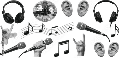 Music elements collage featuring hands holding microphones and musical notes surrounding ears and headphones in a creative illustration