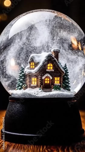 Snow globe with a cozy cabin and holiday scenery inside  