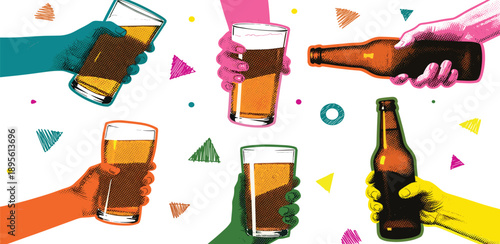 Multiple hands holding beer glasses and bottles in a celebratory toast from various viewpoints