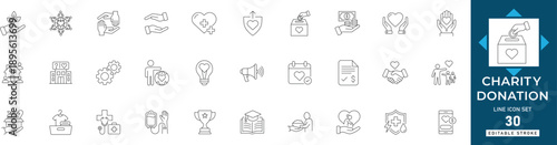 charity donation line icon set featuring finance, community, funding, donation, empathy, trust, honesty, help, gift, benefit editable vector set