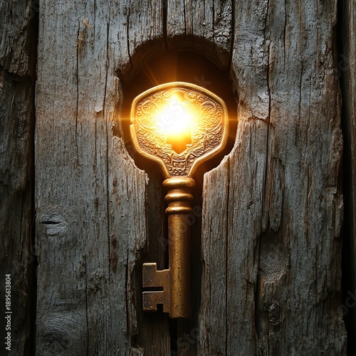 Wallpaper Mural Golden key entering the keyhole of an old wooden door, revealing bright light from the other side creating a sense of mystery  high resolution   for isolate image Torontodigital.ca
