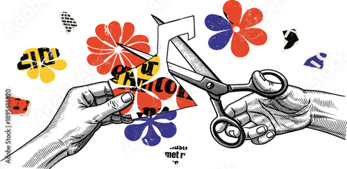Hands holding scissors cutting out colorful flowers and text from paper in a creative collage