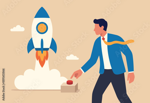 Start your own business, launch success rocket or entrepreneur, startup project or boost company growth, invention concept, ambitious businessman entrepreneur push switch to launch rocket into sky