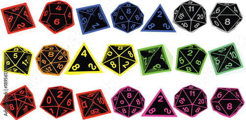 Collection of multicolored polyhedral dice arranged in rows on a plain surface from a directly overhead viewpoint