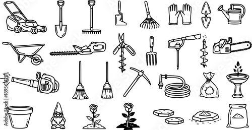 Gardening Tools and Equipment Black and White Line Art Collection. Hand-drawn Horticulture Icons, Garden Items, and Plants Vector Set.