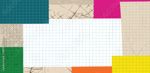 Vibrant geometric shapes overlap in a colorful abstract composition viewed from directly above