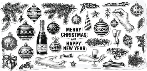 A festive collection of hand-drawn Christmas and New Year elements arranged around a central greeting message on a clean background from a direct viewpoint