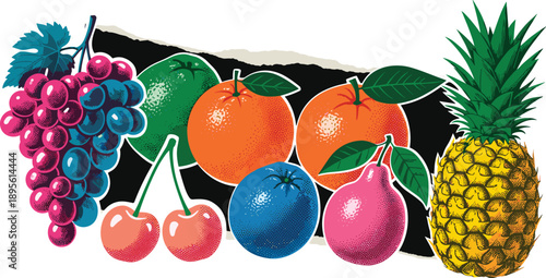 A vibrant assortment of fresh fruits including apples, oranges, grapes, cherries, plums, and pineapple displayed on a black surface viewed from directly above.