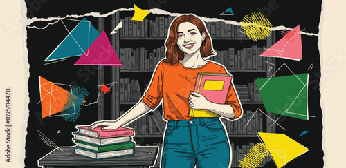 A young woman stands in a library surrounded by books and colorful paper kites, holding a book and smiling.