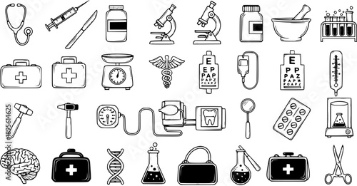 Medical Equipment and Symbols - Black and White Line Art Icons Set
