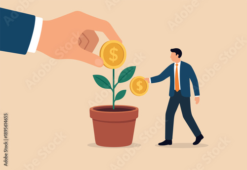  Investment growth, investing for financial independent or financial freedom, mutual fund or growth stock, saving or earning profit concept, businessman hand put money coin on growing money seedling.