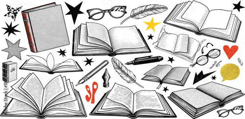 A collection of open books and stationery scattered across a surface, surrounded by stars and hearts, viewed from directly above.