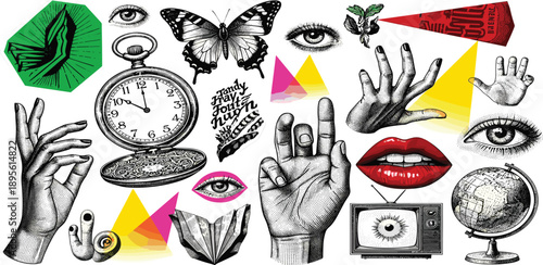 Assorted hand gestures and facial features collage with symbolic objects in a mixed media composition from a frontal viewpoint