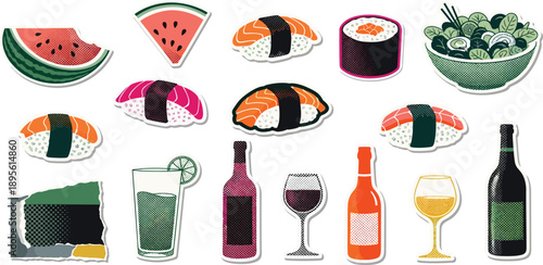 Collection of sushi, watermelon, and drinks on a digital illustration